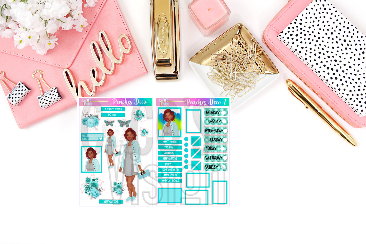 Peaches Deco on a half sheet of Stickers