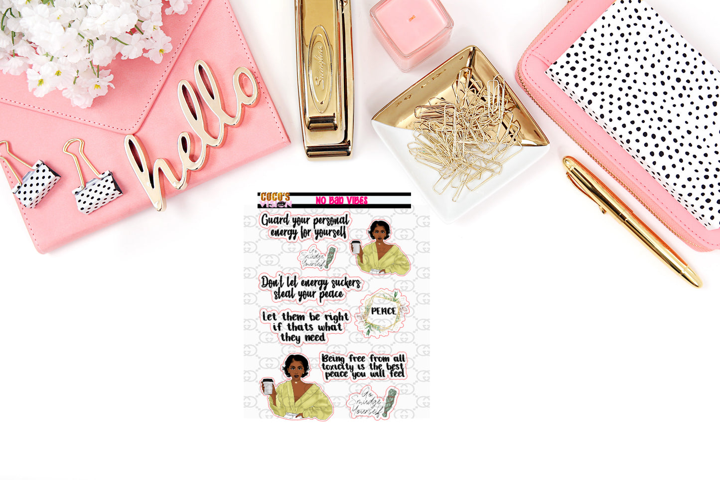 No Bad Vibes on a half sheet of Stickers