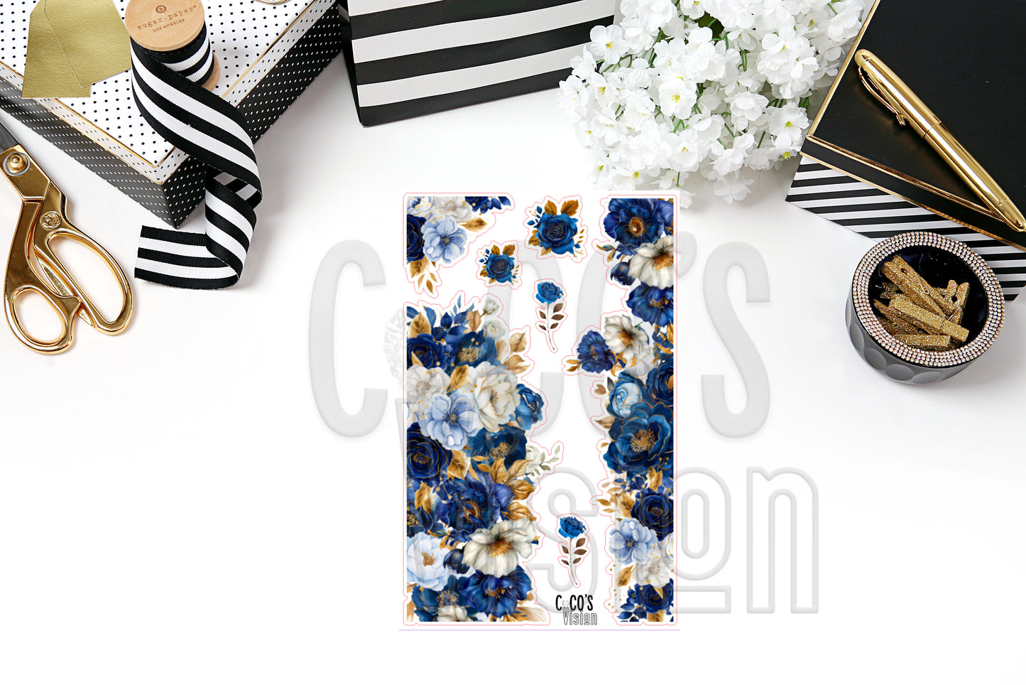 Navy Gold White Floral